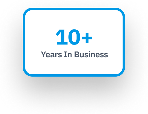 Graphic showing '10+' in blue and 'Years In Business' in gray text, celebrating over 10 years of business experience.